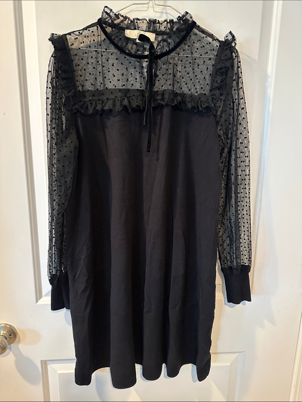 LOFT Black Sheer Polka Dot Yoke Ruffle Long Sleeve Dress